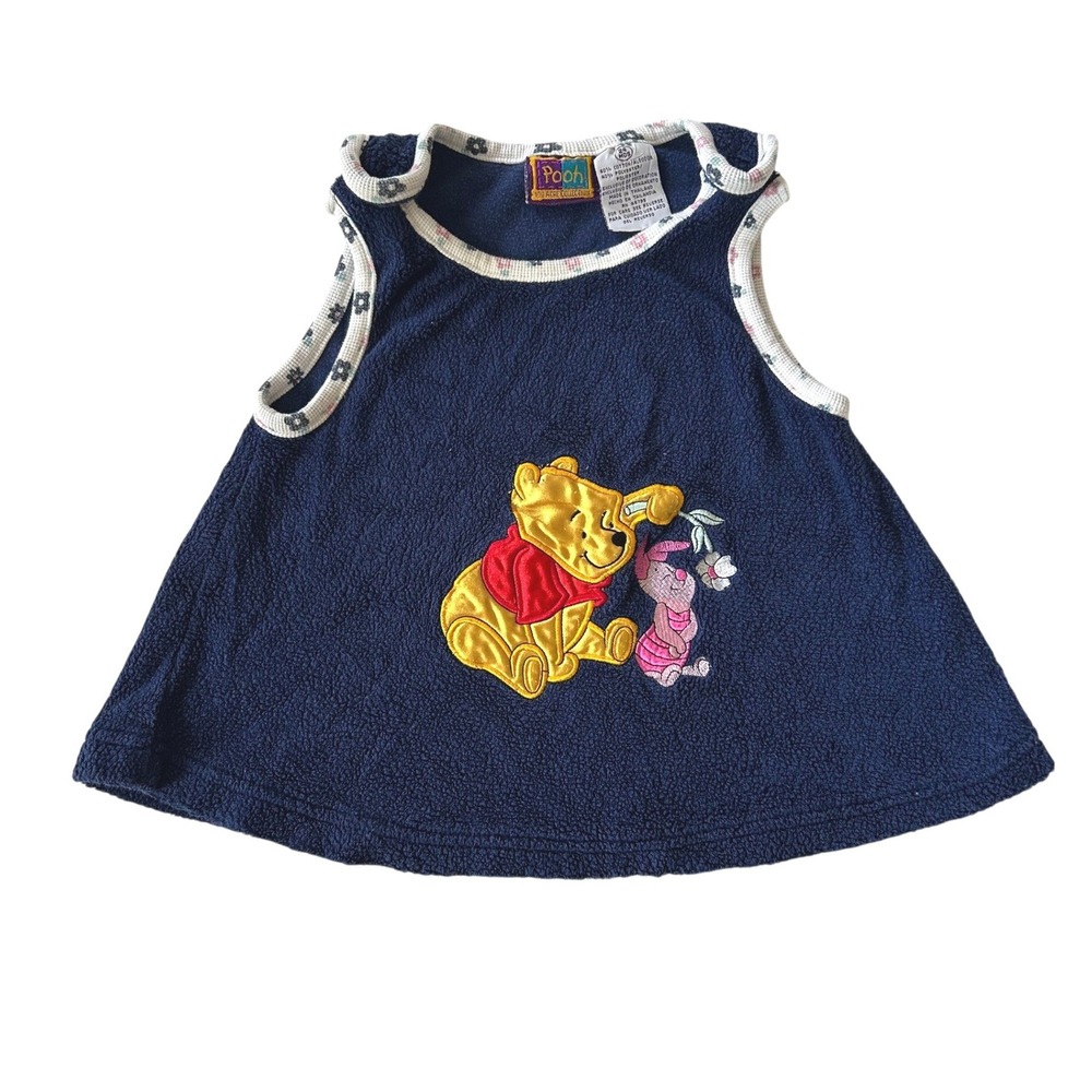 Vintage Winnie The Pooh Fleece Dress Girls 24M Navy Piglet Disney Character 90s
